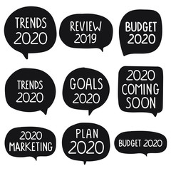 Set of hand drawn badges. Vector lettering illustrations on white background. 2019 review. 2020 goals, marketing, budget, plan, trends, coming soon. 