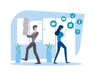 Illustration of online education. Young woman using smartphone. E-learning and online courses concept