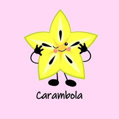 Cool fruit character. Face, smile and eyes. Sticker or print. Tropical carambola. Healthy food