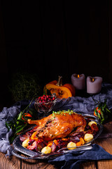 roast duck with potato dumplings and plums