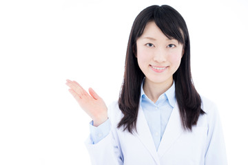 Young female doctor explaining isolated on white background