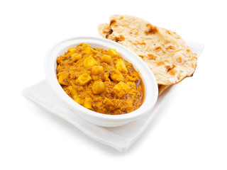 North Indian Healthy Cuisine Chole Paneer or Chole Paneer Curry Served with Tandoori Roti, Made From Boiled Chickpea with Cottage Cheese and Spices