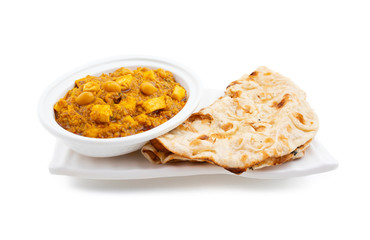 North Indian Healthy Cuisine Chole Paneer or Chole Paneer Curry Served with Tandoori Roti, Made From Boiled Chickpea with Cottage Cheese and Spices
