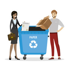 Cartoon people  throwing paper garbage in the big trash can. Recycling and ecological concept.