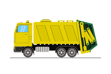 Yellow garbage truck side view, cartoon vehicle isolated on white background
