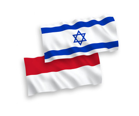 National vector fabric wave flags of Indonesia and Israel isolated on white background. 1 to 2 proportion.