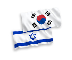 Fototapeta premium National vector fabric wave flags of South Korea and Israel isolated on white background. 1 to 2 proportion.