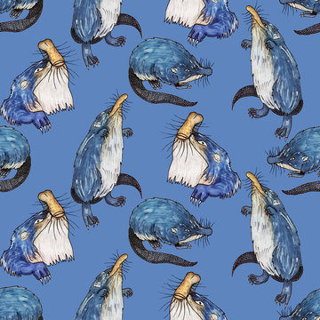 Seamless pattern with the image of a desman