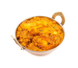 Indian Vegetarian Cuisine Special Sweet And Spicy Paneer Pasanda or Stuffed Paneer Curry, Delicacy Consisting of Stuffed Paneer with Rich Creamy Gravy on White Background