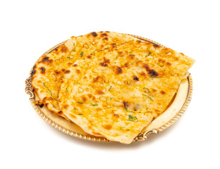 Indian Healthy Cuisine Garlic Bread Also Know as Garlic Naan, Coriander Naan, Indian Flat bread or Garlic Nan Served in a Plate on Isolated on White Background