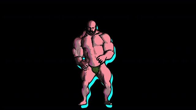 Seamless animation of a muscular man bodybuilder with swimming trunk. Funny summer background cartoon hand drawn style isolated with alpha channel