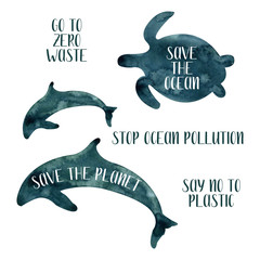 Watercolor set with marine resident. Hand drawn dolphin and turtle. Pollution motivational phrases