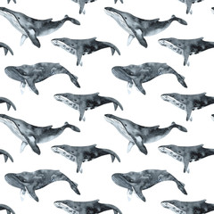 Watercolor seamless pattern with whales. Hand drawn illustration. Perfect for print, poster, textile, wrapping paper