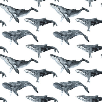 Watercolor seamless pattern with whales. Hand drawn illustration. Perfect for print, poster, textile, wrapping paper