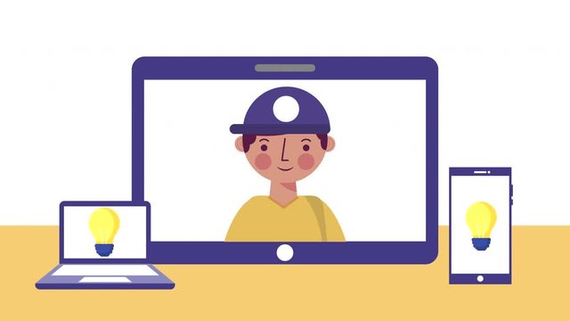little student boy with gadgets elearning character animation