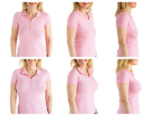 Woman posing in different angles before and after breast enhancement plastic surgery