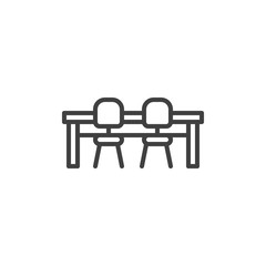 Chairs and table line icon. linear style sign for mobile concept and web design. Workspace desk outline vector icon. Symbol, logo illustration. Vector graphics