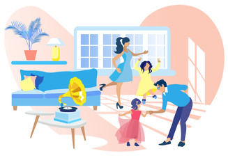 Family Dancing at Home Listening Gramophone Music.