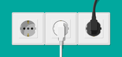 Electrical outlet and hand with plug. Electrical components. Wall socket with cable. Vector illustration in flat style