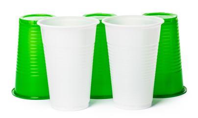 Close up of plastic cups for drinks isolated on white