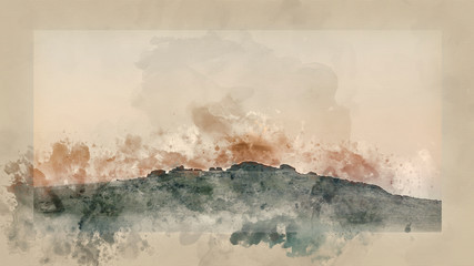 Digital watercolor painting of Beautiful foggy sunrise landscape over the tors in Dartmoor revealing peaks through the mist