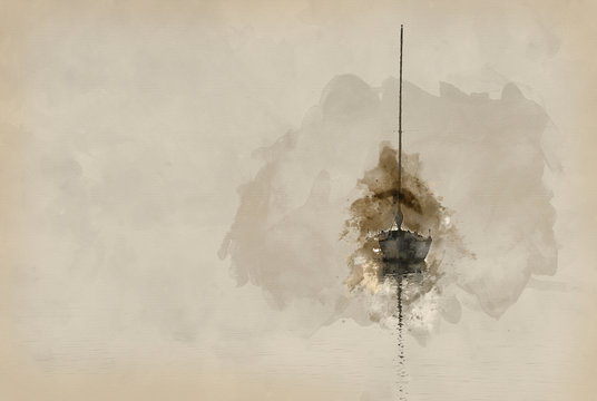 Digital watercolor painting of Stunning unplugged fine art landscape image of sailing yacht sitting still in calm lake water in Lake District during peaceful misty Autumn Fall sunrise