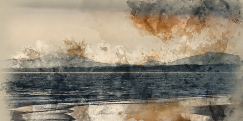Naklejka na ściany i meble Digital watercolor painting of Panorama landscape stunning mountain range and beach at vibrant sunset
