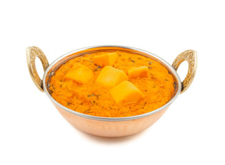 Indian Popular Vegetarian Cuisine Cheese Butter Masala Also Know as Cheese Cottage Curry or Paneer Butter Masala on Isolated White Background