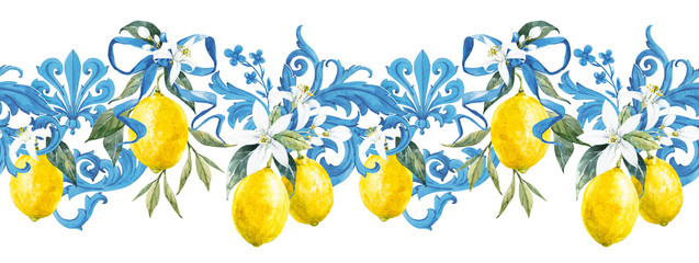 Watercolor lemon pattern - obrazy, fototapety, plakaty