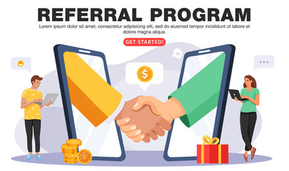 Refer a friend or Referral marketing concept. Business people shaking hands. Hands in big smartphone. People share info about referral program. Social communication for friends. Vector.