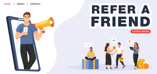 Refer a friend concept. Man with a megaphone invites his friends to referral program. People share info about referral program. Social communication, loyalty program for friends. Vector.