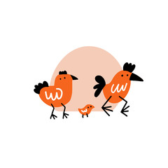 Fototapeta premium Funny vector illustration of cock, hen and chicken.