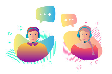 Call center customer online help service avatar set. Man and woman online assistant working in headphones and speech bubbles. Support character operator gradient vector illustration