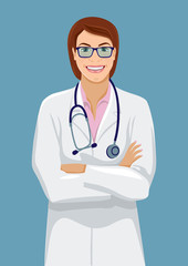 Smiling middle-aged female doctor. Cute woman wearing a lab coat stands with crossed arms. Vector illustration