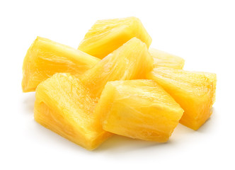 Canned pineapple chunks. Pineapple slices isolated. Pineapple pieces on white background.