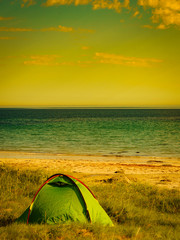 Seascape with tent on beach, Lofoten Norway