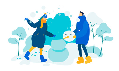 Young Loving Couple Making Snowman on Street.