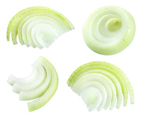 Onion slices isolated. Cut onion. Onion set. With clipping path.
