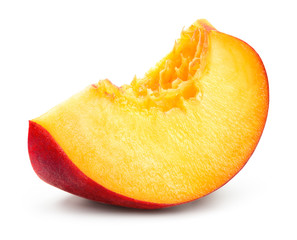 Peach slice isolated. Sliced peach on white background. Clippiong path.
