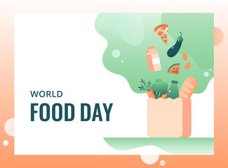 Organic food and drink fall into the shopping bag. World food day concept for landing page, template, ui, web. Vector illustration