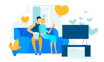 Young Loving Couple Watching TV with Popcorn, Love