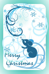Magic card for the New Year holiday. Wonderful blue mouse, snow and frosty drawing on the windows. Text Merry Christmas. Vector illustration for children and adults. Beautiful symbol of the new 2020
