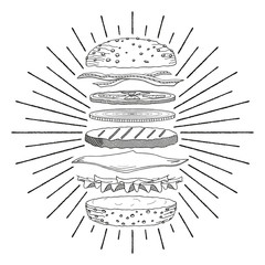 Hamburger/ Cheeseburger - black and white illustration/ drawing