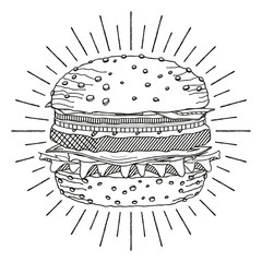 Hamburger/ Cheeseburger - black and white illustration/ drawing