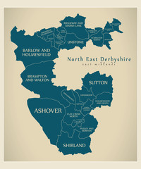 Wards map of North East Derbyshire district in East Midlands England UK with labels
