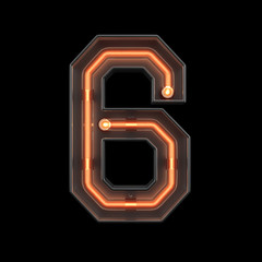 Number 6, Alphabet made from Neon Light with clipping path. 3D illustration