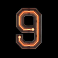 Number 9, Alphabet made from Neon Light with clipping path. 3D illustration