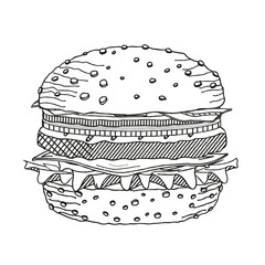 Hamburger/ Cheeseburger - black and white illustration/ drawing