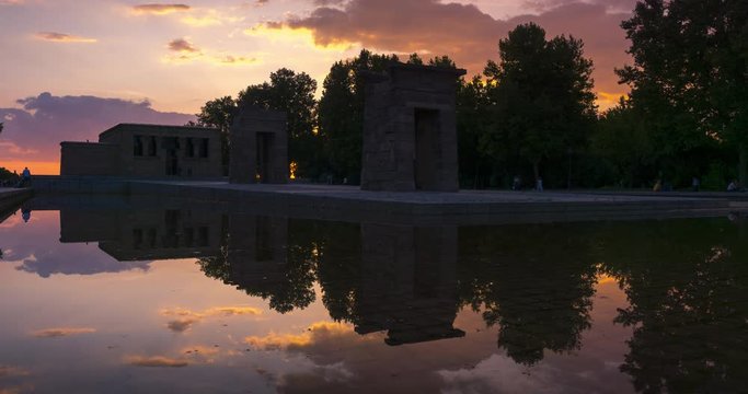 Timelapse of sunset at the ancient Egyptian temple ofDebod located it Madrid, Spain.