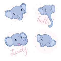 Set of cute cartoon baby elephants. Vector watercolor illustration.